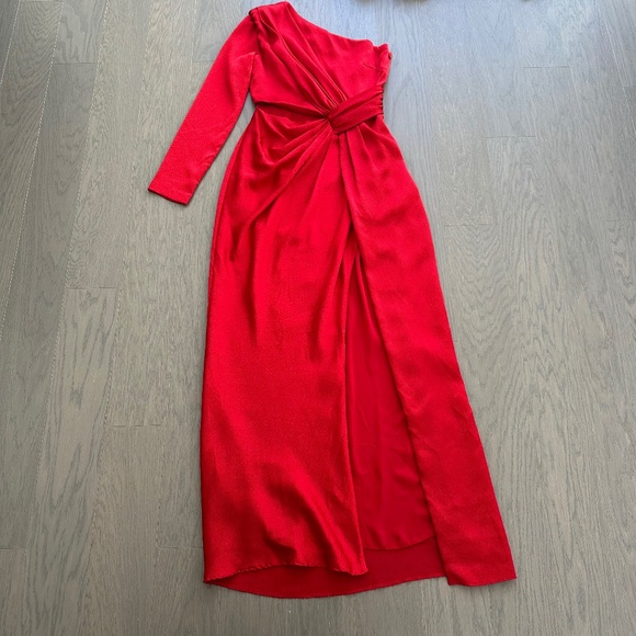 ML Monique Lhuillier One Shoulder Satin Gown Red Maxi Dress Long Sleeve - Size 2 - Picture 2 of 13